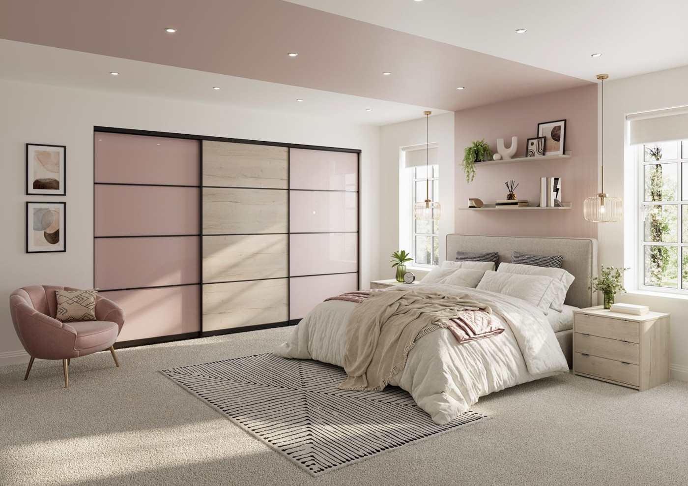 VOLANTE Rose Quartz Glass White Halifax Oak Fitted Bedroom VOLANTE Rose Quartz Glass White Halifax Oak Fitted Bedroom v2